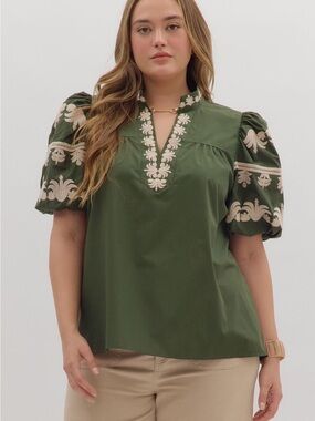 Entro top Embroidered Puff-Sleeve Blouse - Green